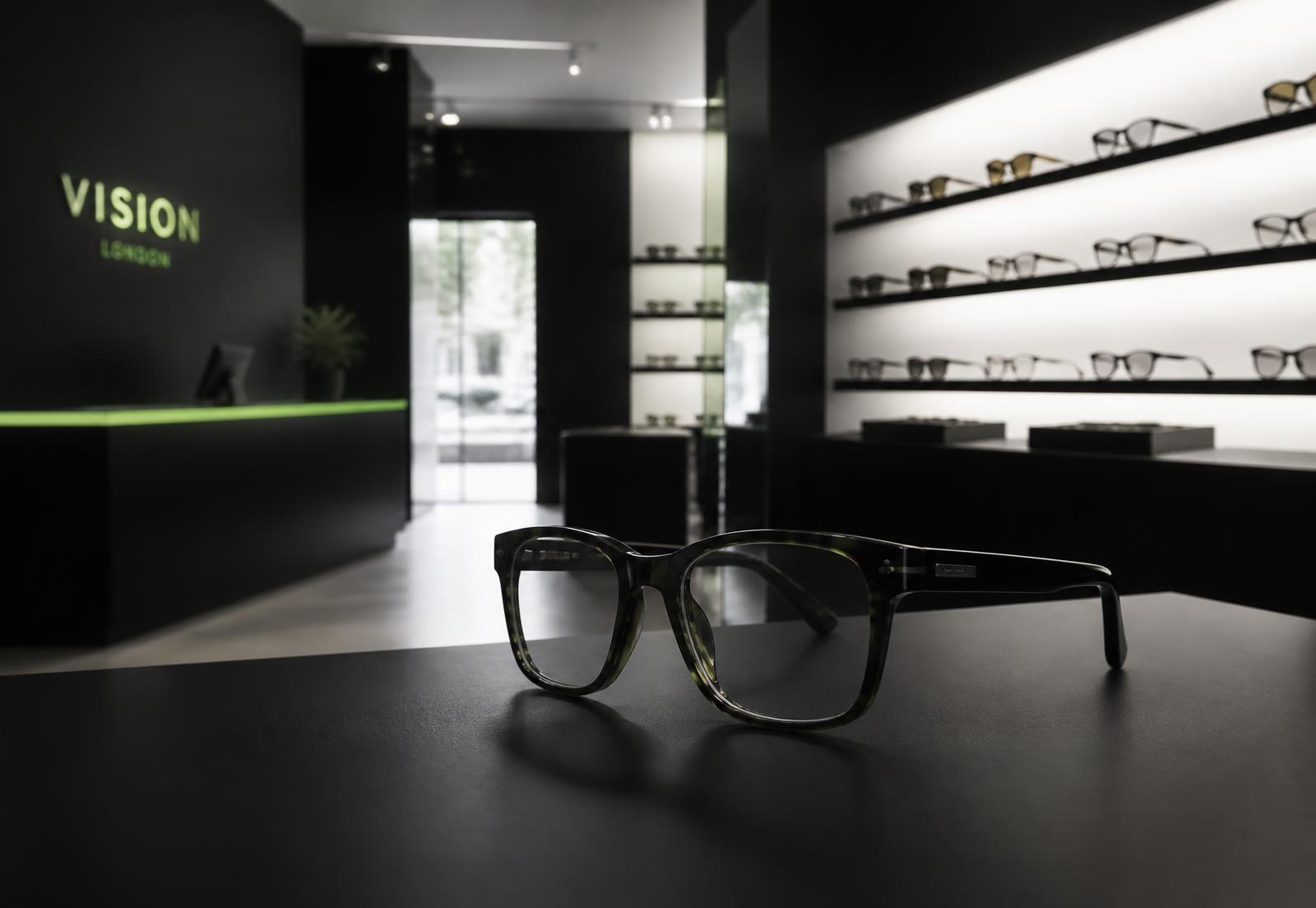 Interior de la óptica GavaOptic con monturas de diseño expuestas